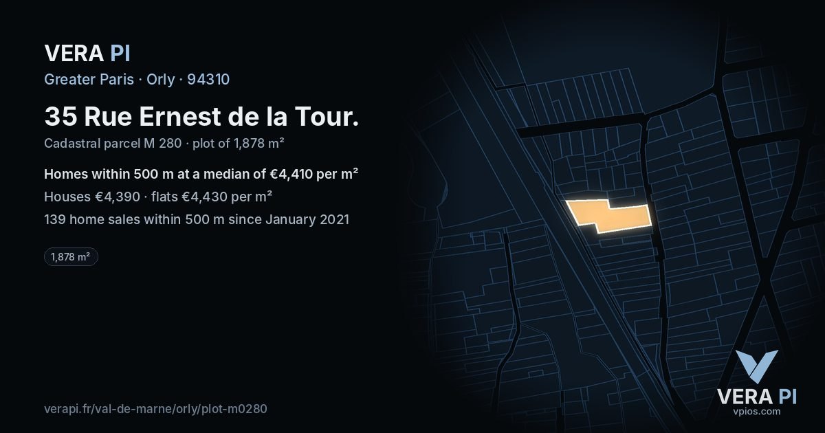 35 Rue Ernest de la Tour, Orly at night – the plot lit, the parcels around coloured by the prices near them