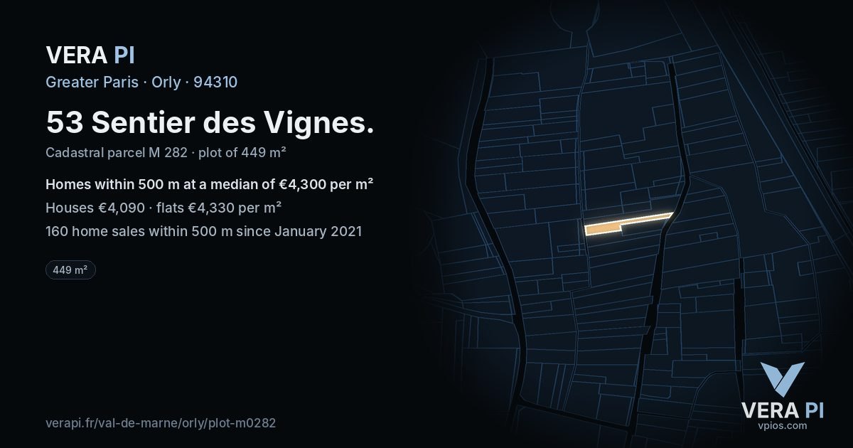 53 Sentier des Vignes, Orly at night – the plot lit, the parcels around coloured by the prices near them