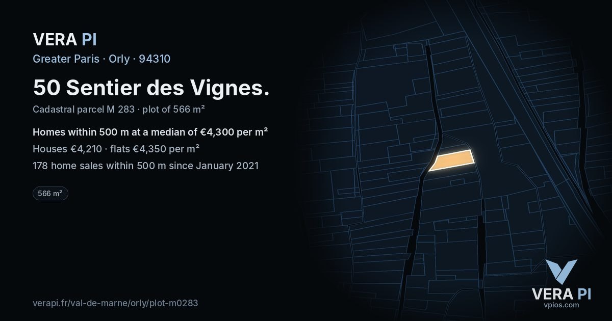 50 Sentier des Vignes, Orly at night – the plot lit, the parcels around coloured by the prices near them