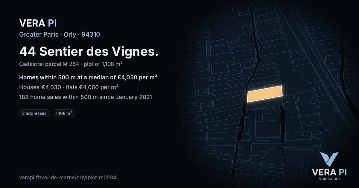 44 Sentier des Vignes, Orly at night – the plot lit, the parcels around coloured by the prices near them