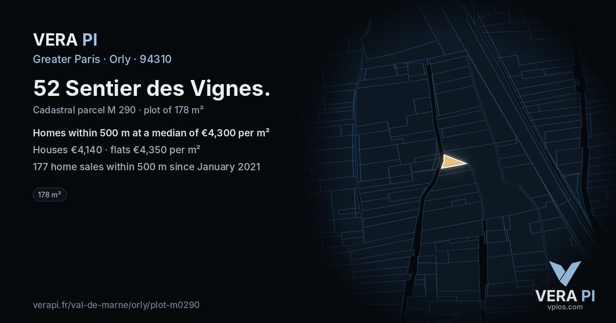 52 Sentier des Vignes, Orly at night – the plot lit, the parcels around coloured by the prices near them