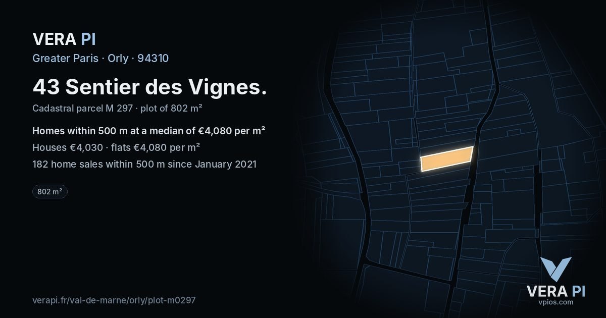 43 Sentier des Vignes, Orly at night – the plot lit, the parcels around coloured by the prices near them