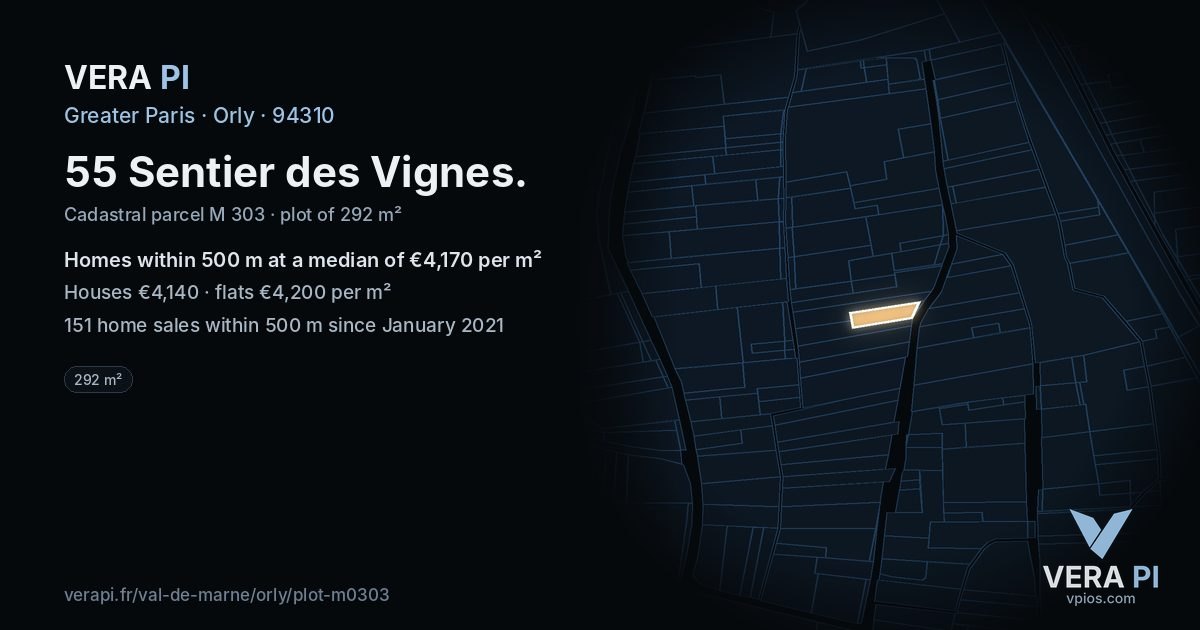 55 Sentier des Vignes, Orly at night – the plot lit, the parcels around coloured by the prices near them