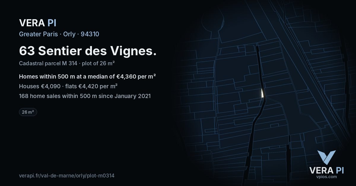 63 Sentier des Vignes, Orly at night – the plot lit, the parcels around coloured by the prices near them