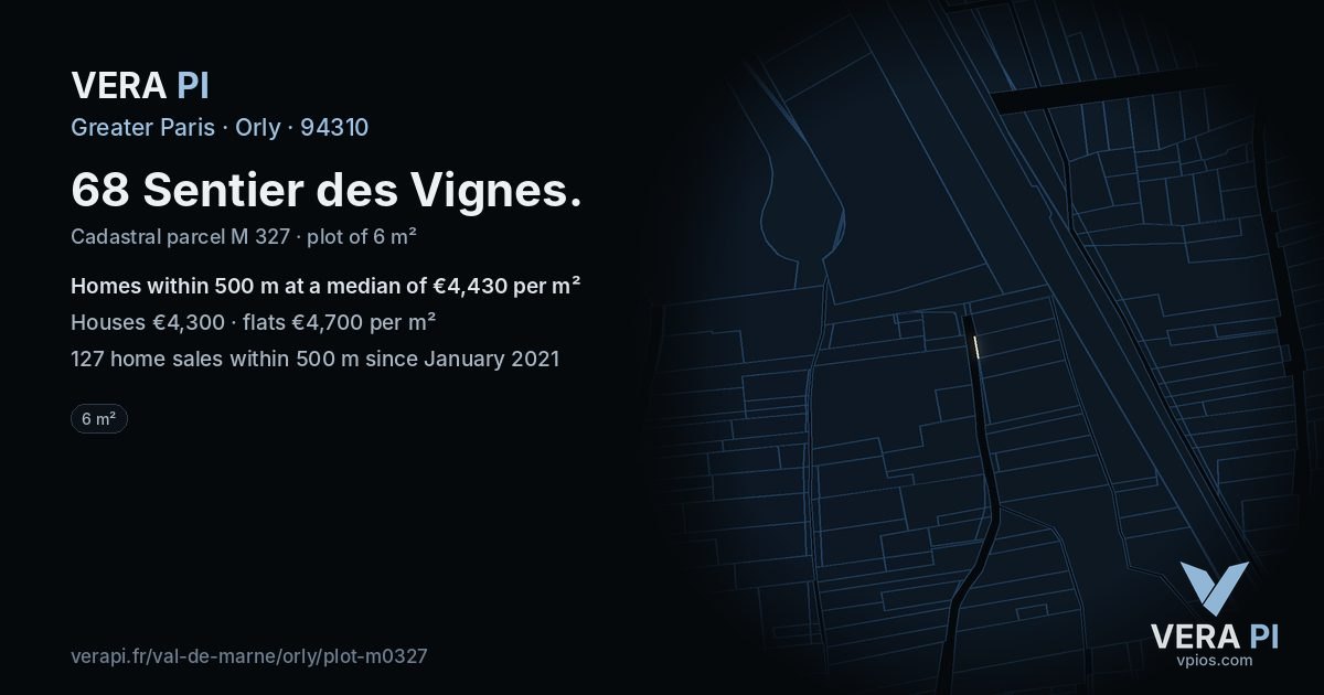 68 Sentier des Vignes, Orly at night – the plot lit, the parcels around coloured by the prices near them