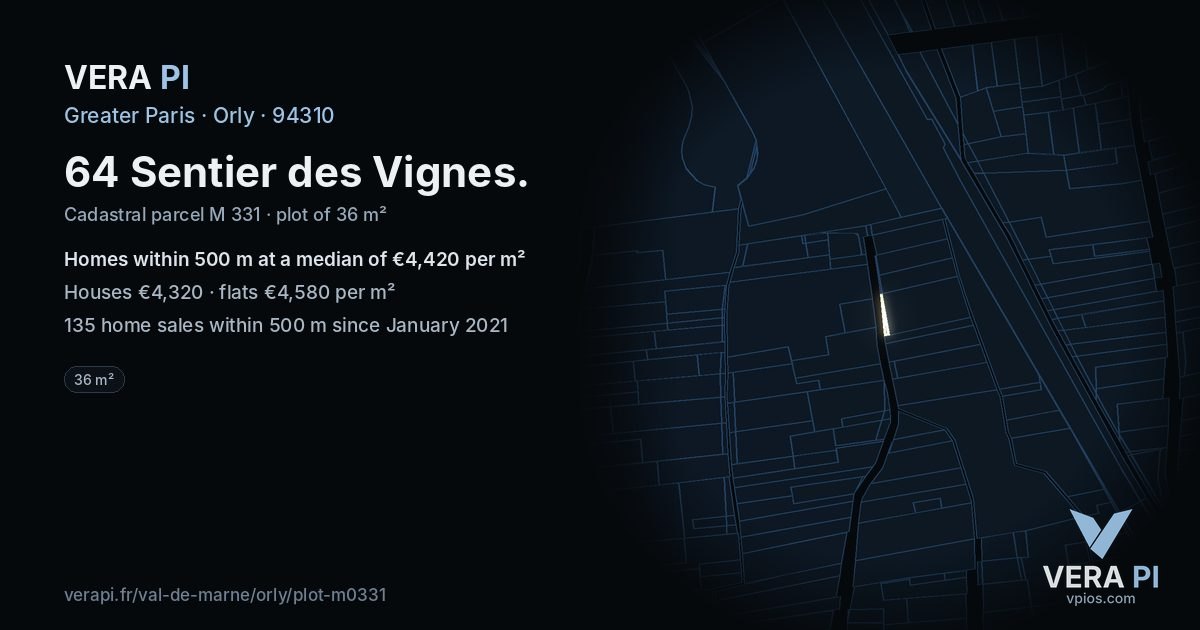 64 Sentier des Vignes, Orly at night – the plot lit, the parcels around coloured by the prices near them