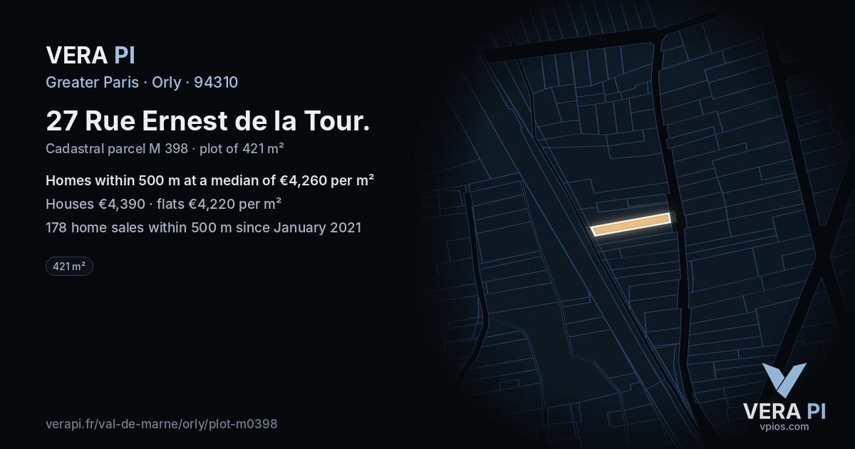27 Rue Ernest de la Tour, Orly at night – the plot lit, the parcels around coloured by the prices near them
