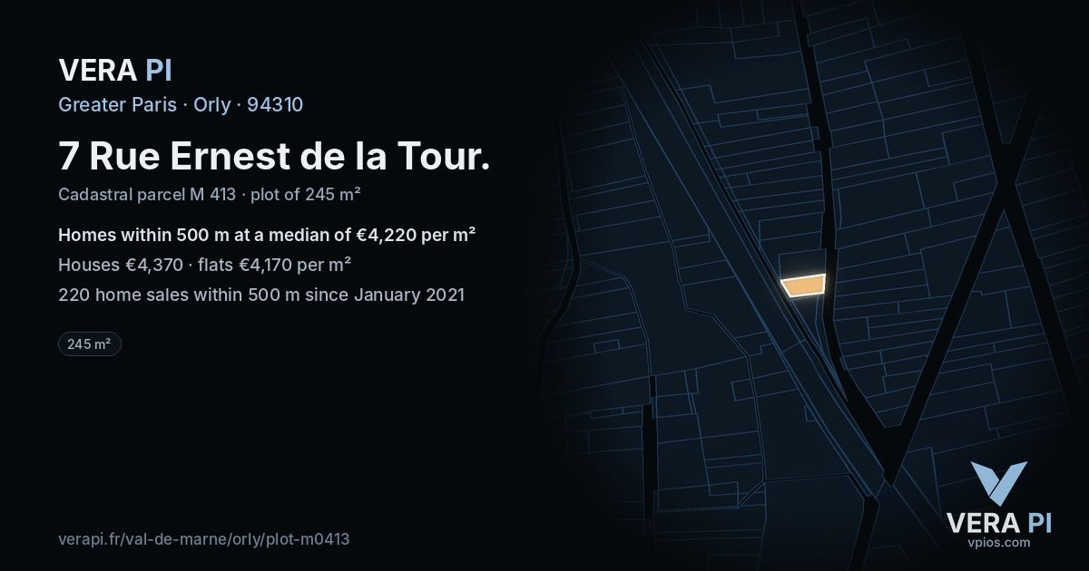 7 Rue Ernest de la Tour, Orly at night – the plot lit, the parcels around coloured by the prices near them