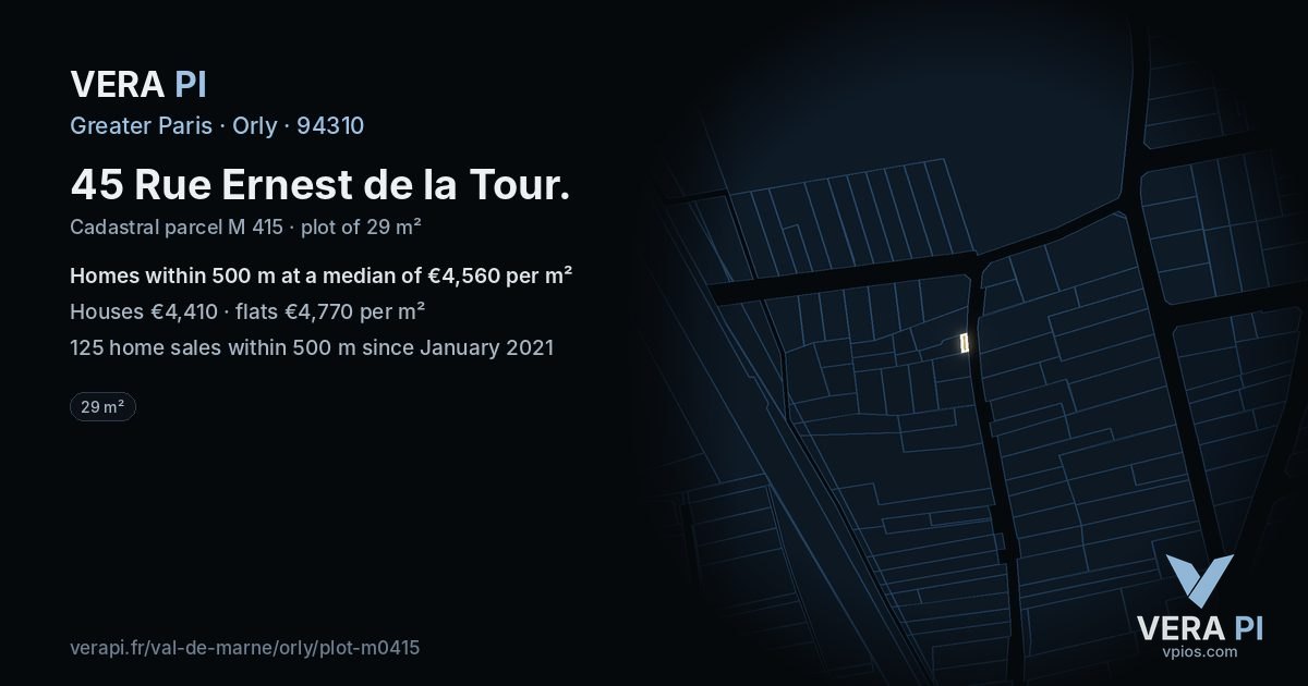 45 Rue Ernest de la Tour, Orly at night – the plot lit, the parcels around coloured by the prices near them