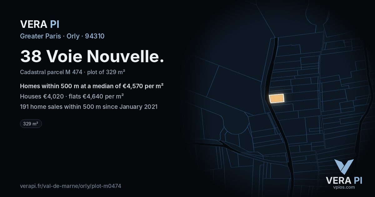38 Voie Nouvelle, Orly at night – the plot lit, the parcels around coloured by the prices near them