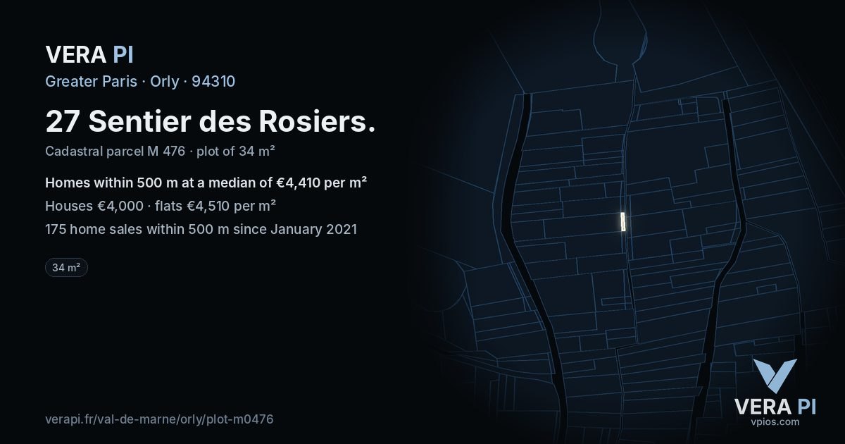 27 Sentier des Rosiers, Orly at night – the plot lit, the parcels around coloured by the prices near them
