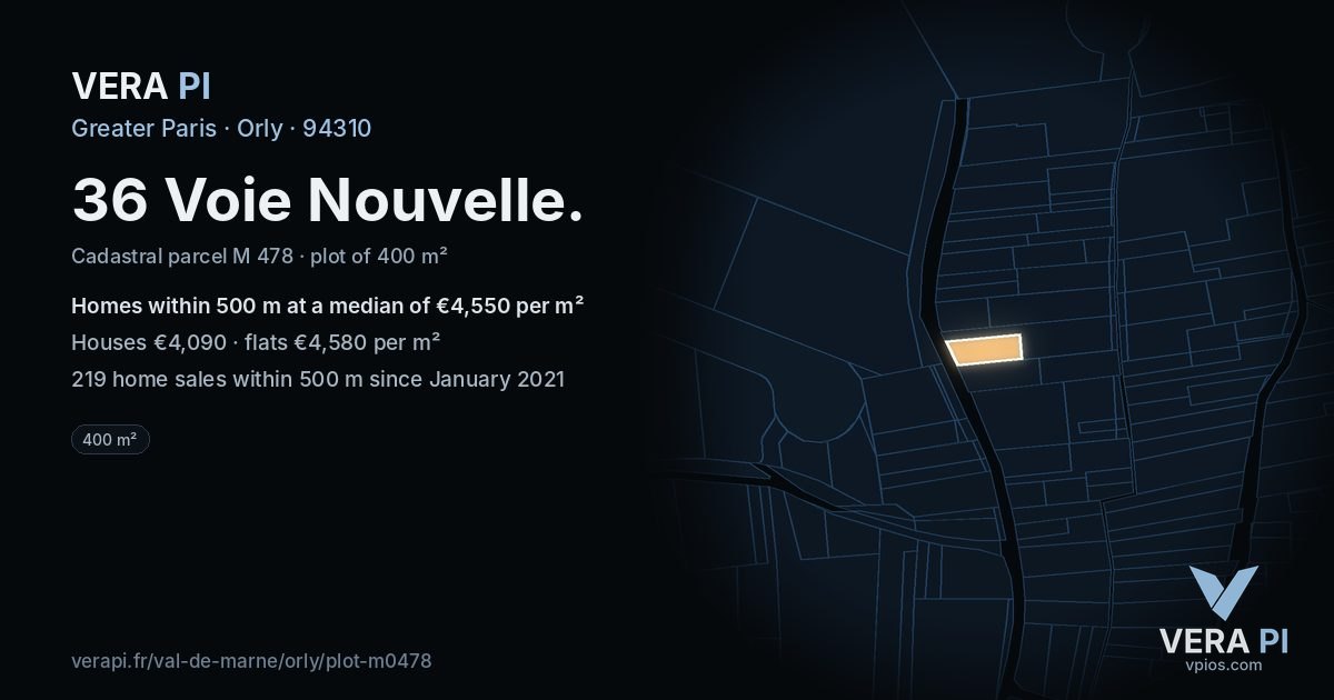 36 Voie Nouvelle, Orly at night – the plot lit, the parcels around coloured by the prices near them
