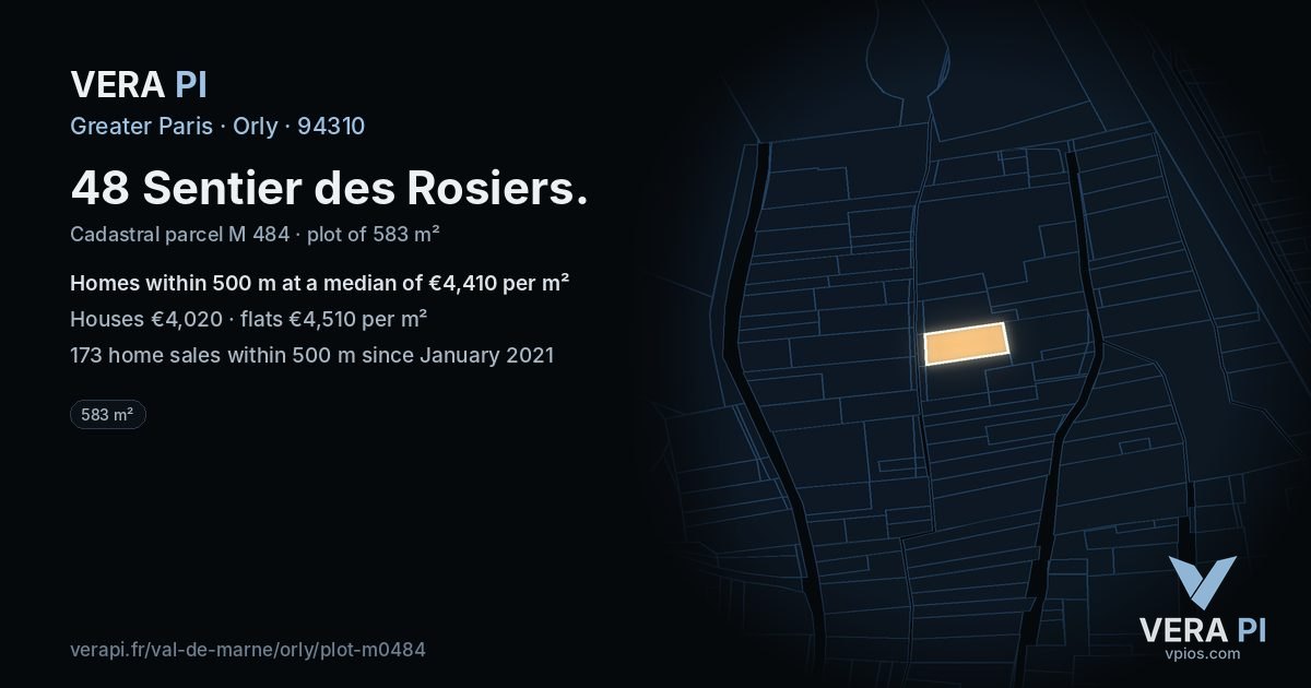 48 Sentier des Rosiers, Orly at night – the plot lit, the parcels around coloured by the prices near them