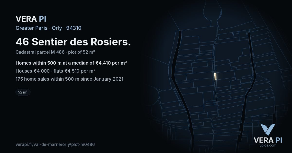 46 Sentier des Rosiers, Orly at night – the plot lit, the parcels around coloured by the prices near them