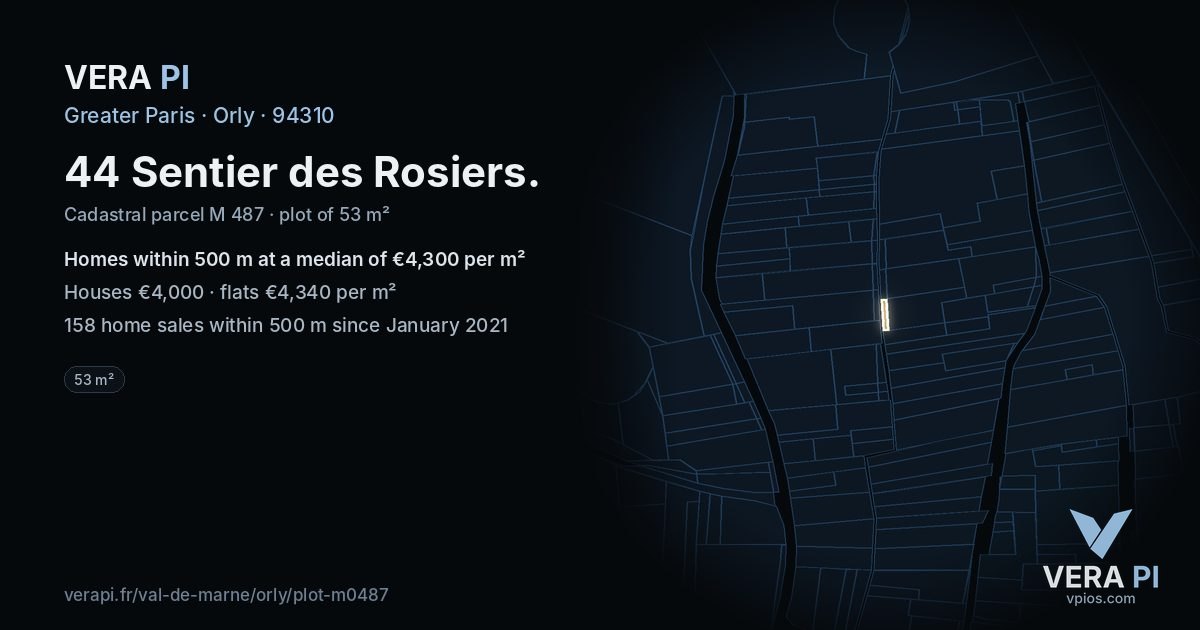44 Sentier des Rosiers, Orly at night – the plot lit, the parcels around coloured by the prices near them