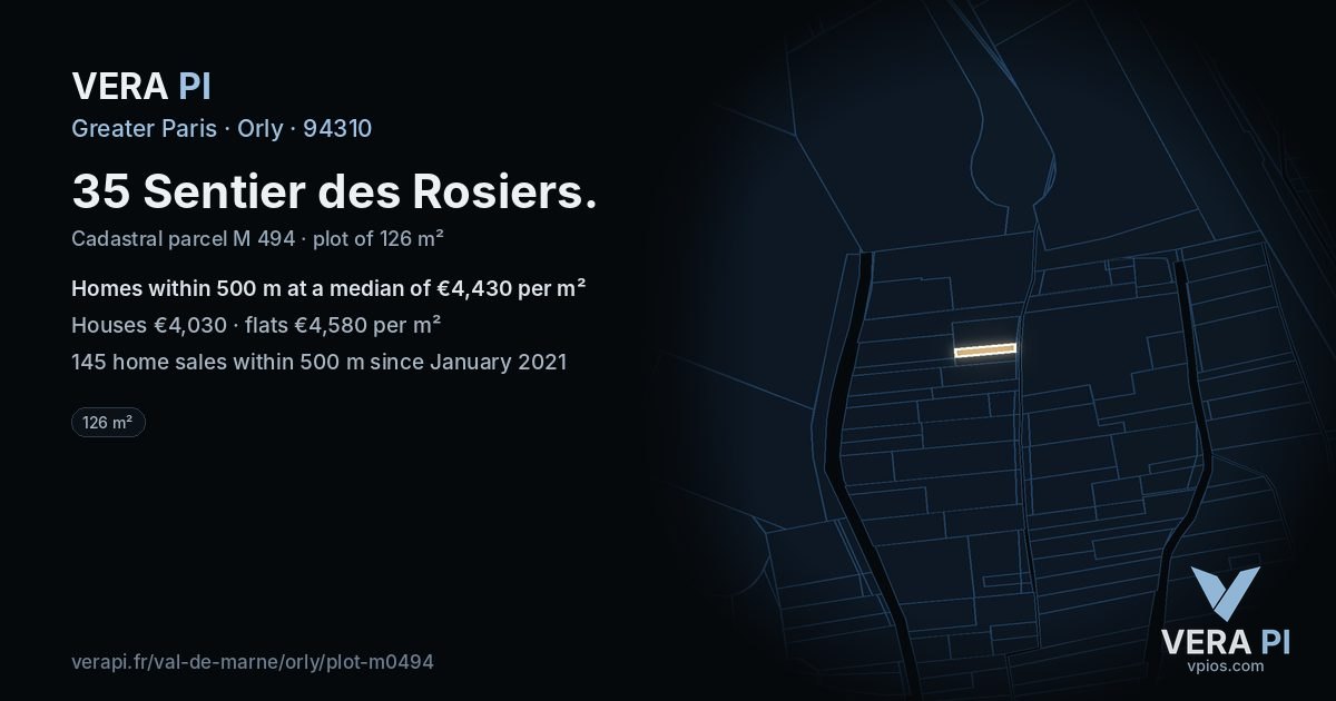 35 Sentier des Rosiers, Orly at night – the plot lit, the parcels around coloured by the prices near them