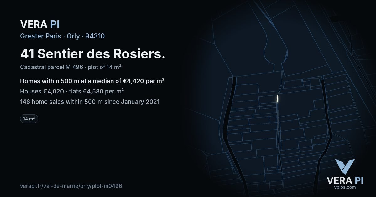 41 Sentier des Rosiers, Orly at night – the plot lit, the parcels around coloured by the prices near them