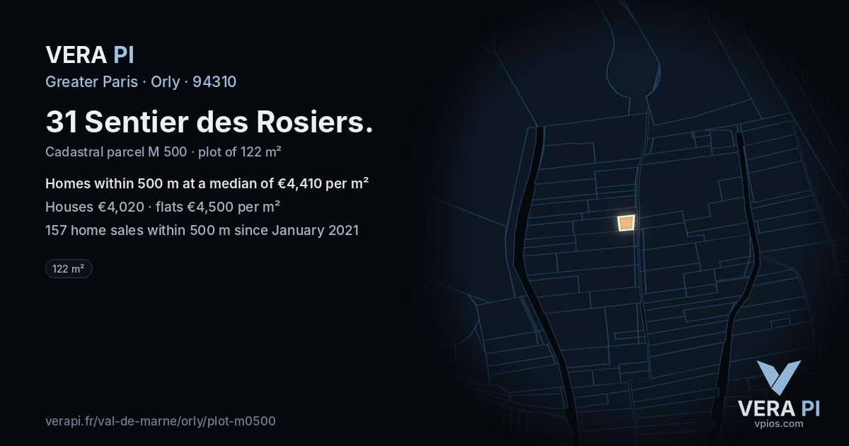 31 Sentier des Rosiers, Orly at night – the plot lit, the parcels around coloured by the prices near them