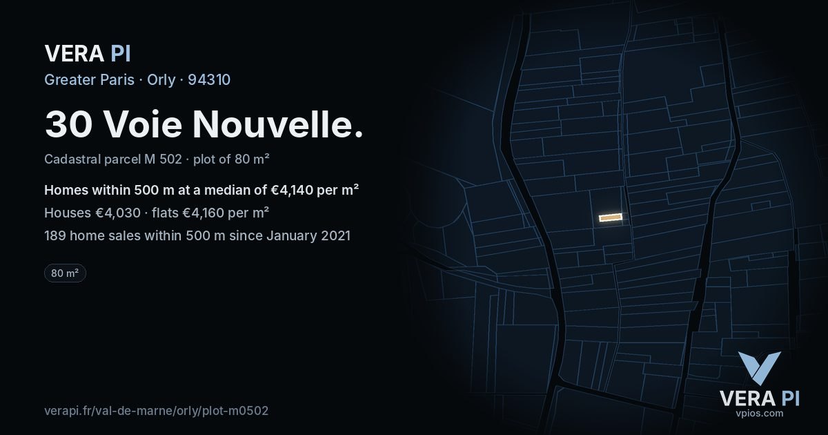 30 Voie Nouvelle, Orly at night – the plot lit, the parcels around coloured by the prices near them