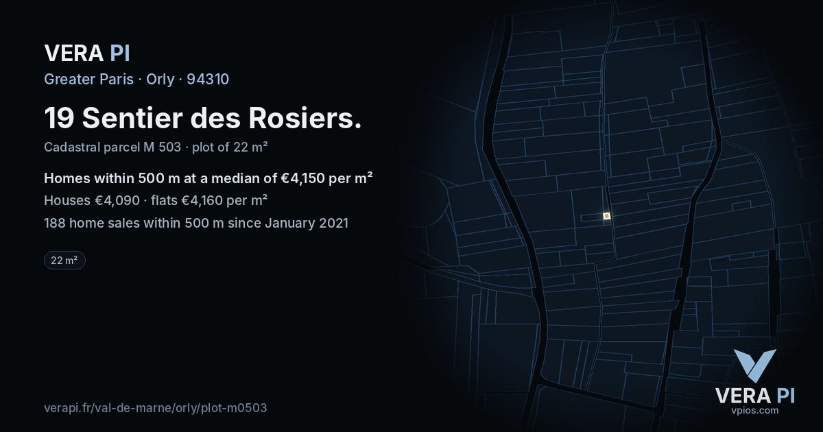 19 Sentier des Rosiers, Orly at night – the plot lit, the parcels around coloured by the prices near them