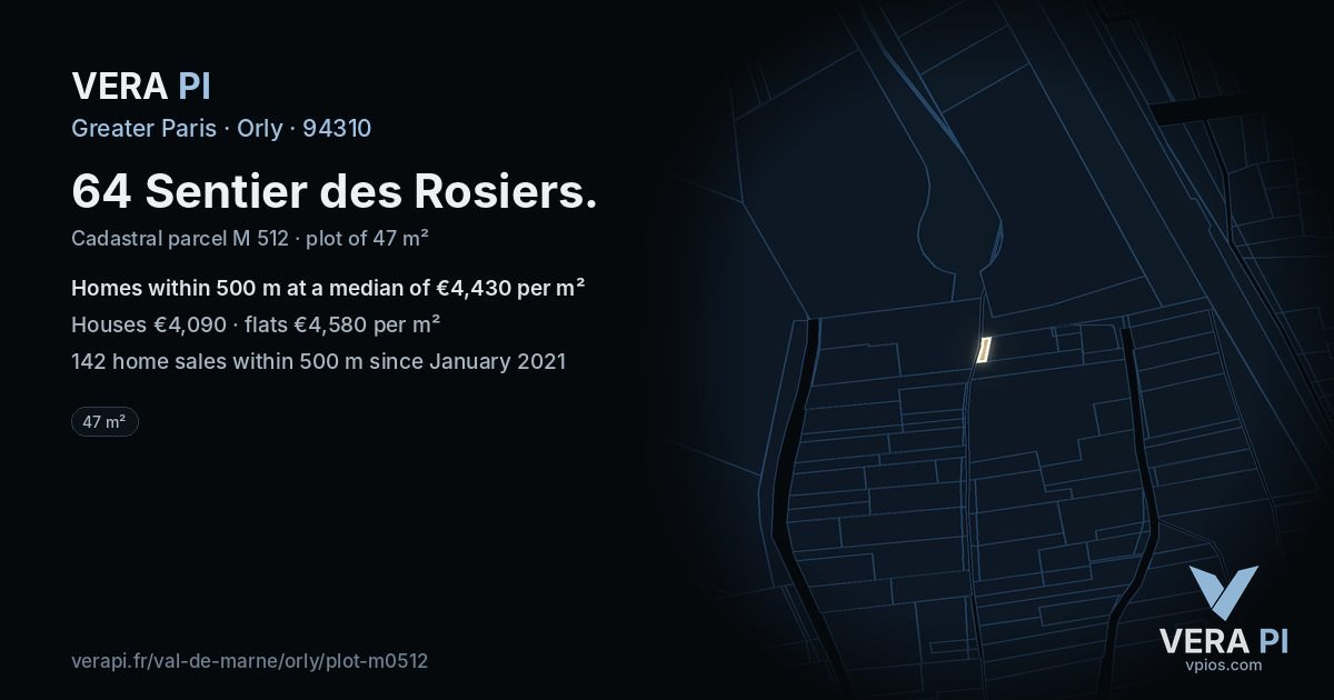 64 Sentier des Rosiers, Orly at night – the plot lit, the parcels around coloured by the prices near them