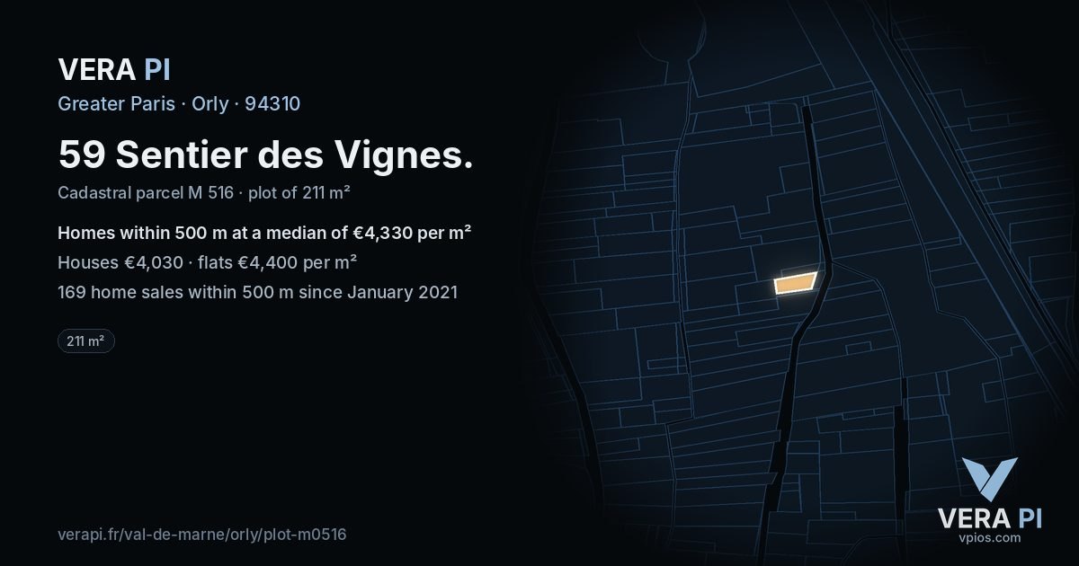 59 Sentier des Vignes, Orly at night – the plot lit, the parcels around coloured by the prices near them