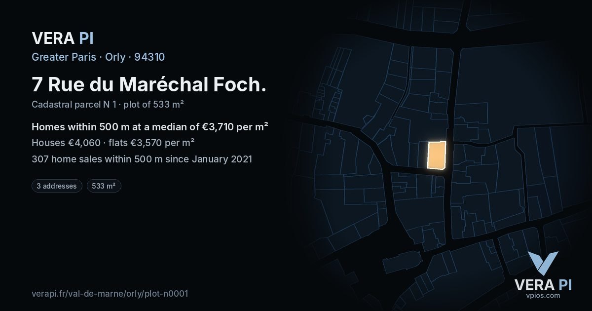 7 Rue du Maréchal Foch, Orly at night – the plot lit, the parcels around coloured by the prices near them