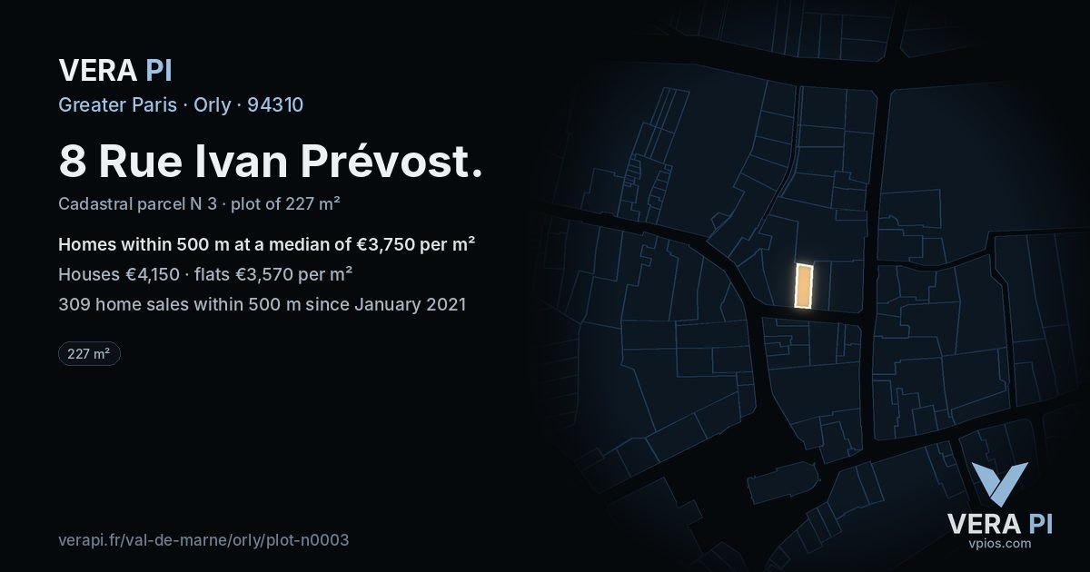 8 Rue Ivan Prévost, Orly at night – the plot lit, the parcels around coloured by the prices near them