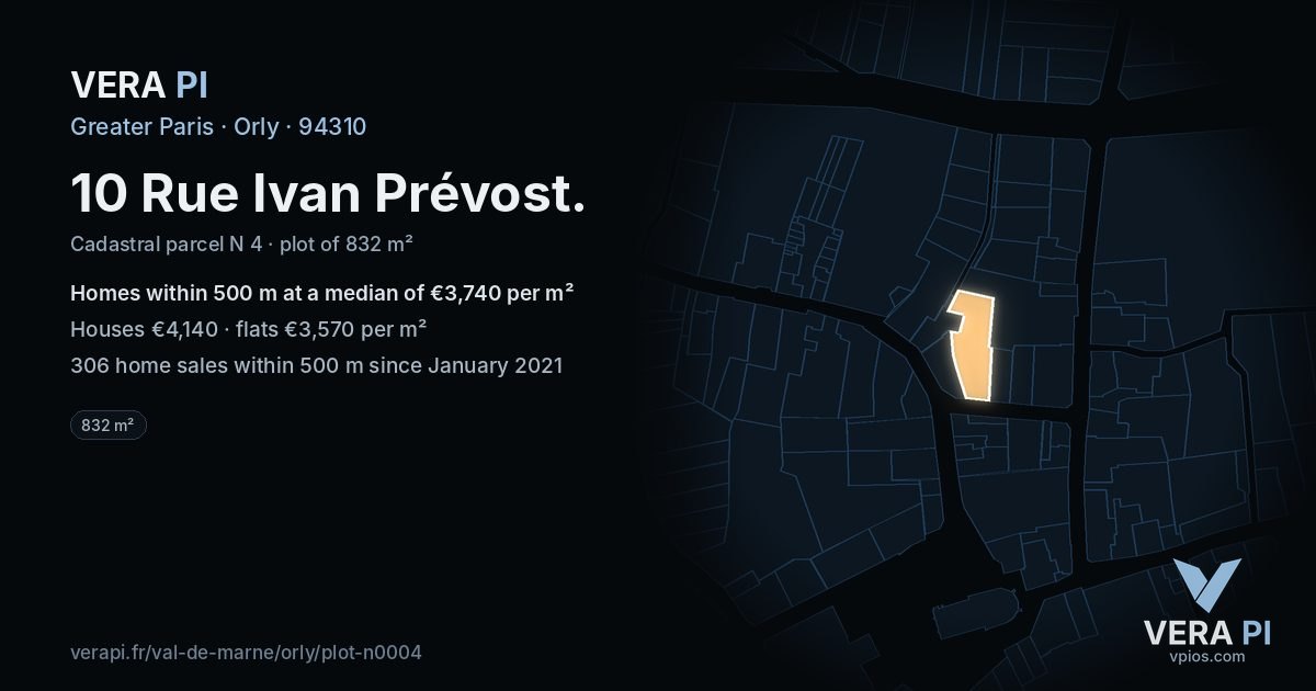 10 Rue Ivan Prévost, Orly at night – the plot lit, the parcels around coloured by the prices near them
