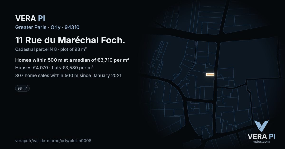 11 Rue du Maréchal Foch, Orly at night – the plot lit, the parcels around coloured by the prices near them