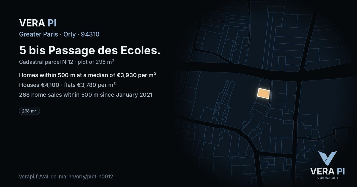 5 bis Passage des Ecoles, Orly at night – the plot lit, the parcels around coloured by the prices near them