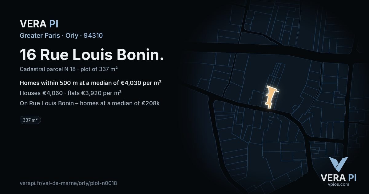 16 Rue Louis Bonin, Orly at night – the plot lit, the parcels around coloured by the prices near them