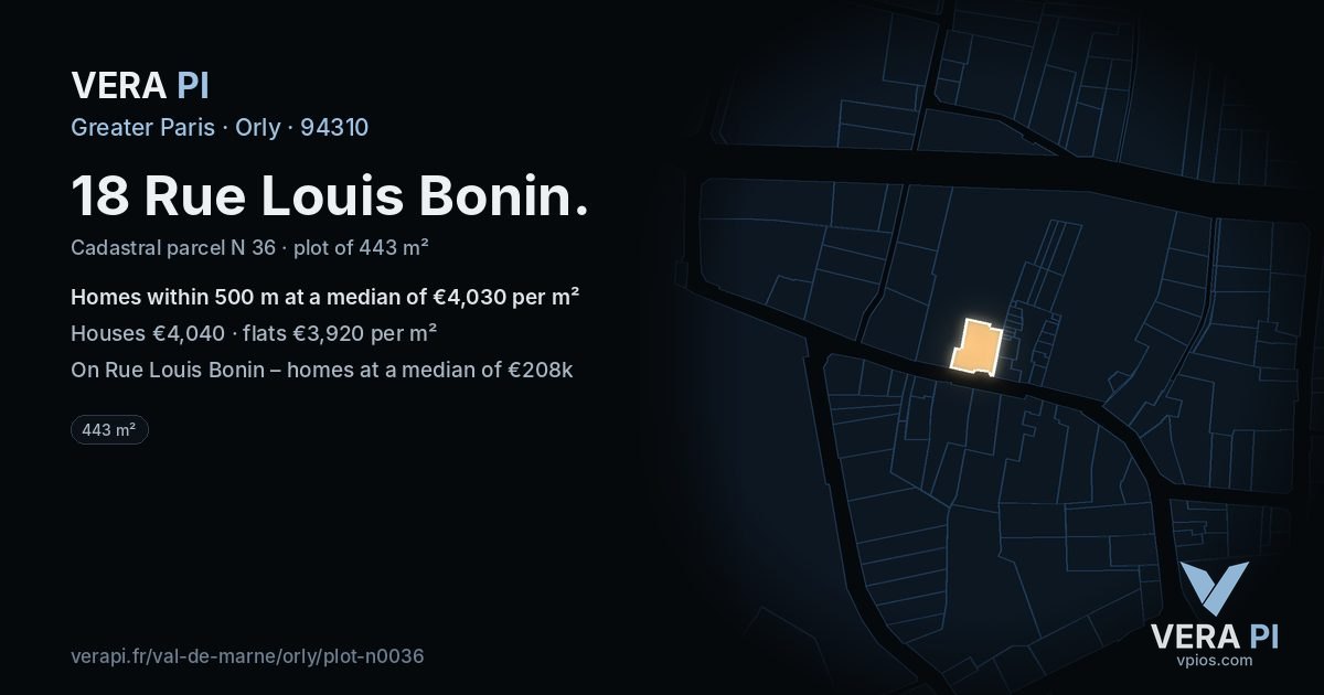 18 Rue Louis Bonin, Orly at night – the plot lit, the parcels around coloured by the prices near them