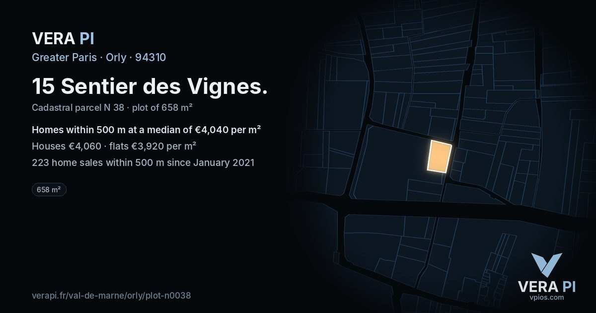 15 Sentier des Vignes, Orly at night – the plot lit, the parcels around coloured by the prices near them
