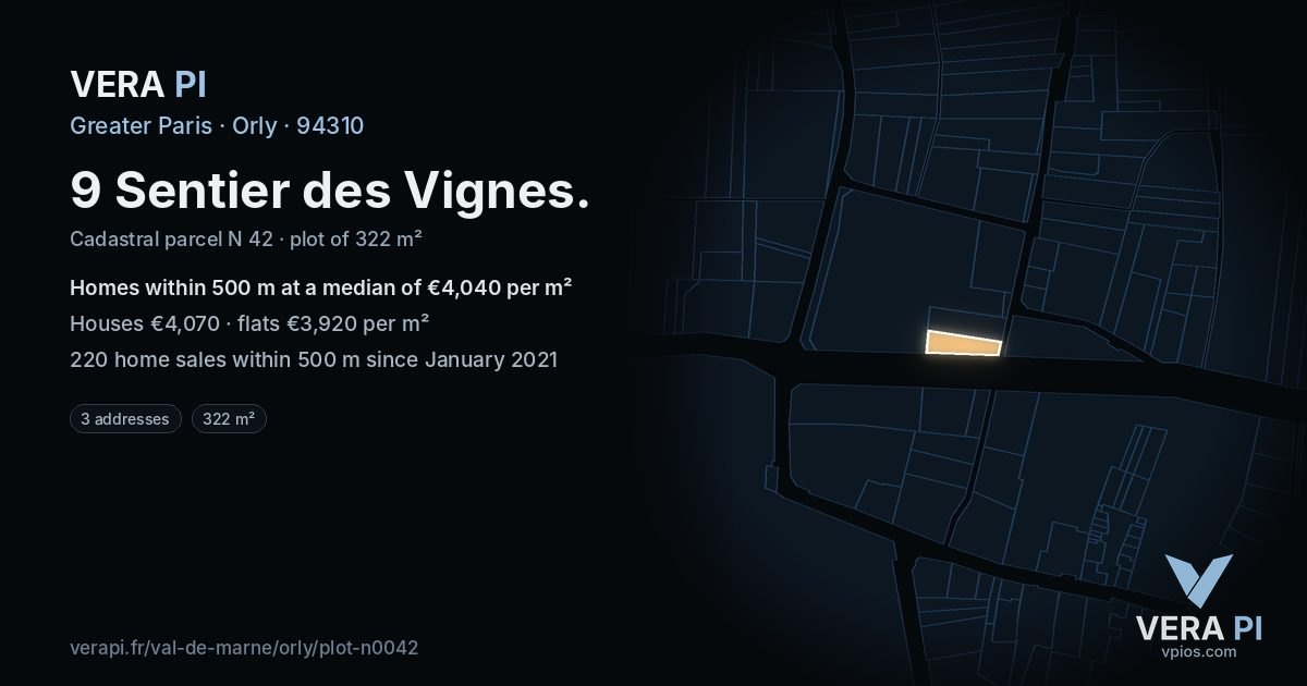 9 Sentier des Vignes, Orly at night – the plot lit, the parcels around coloured by the prices near them