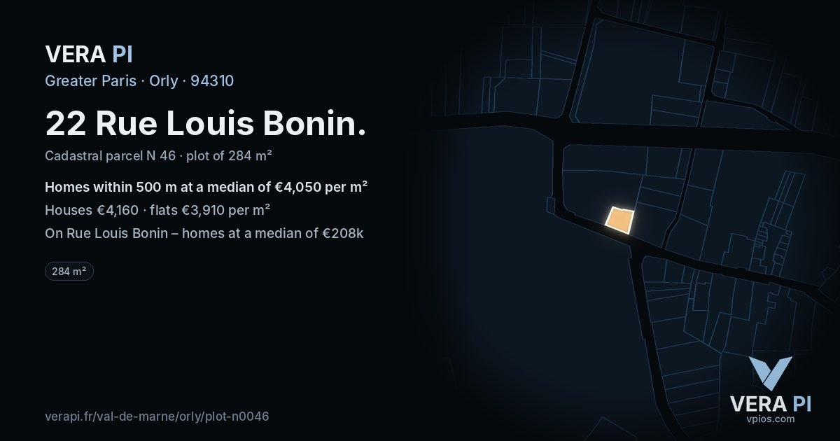 22 Rue Louis Bonin, Orly at night – the plot lit, the parcels around coloured by the prices near them
