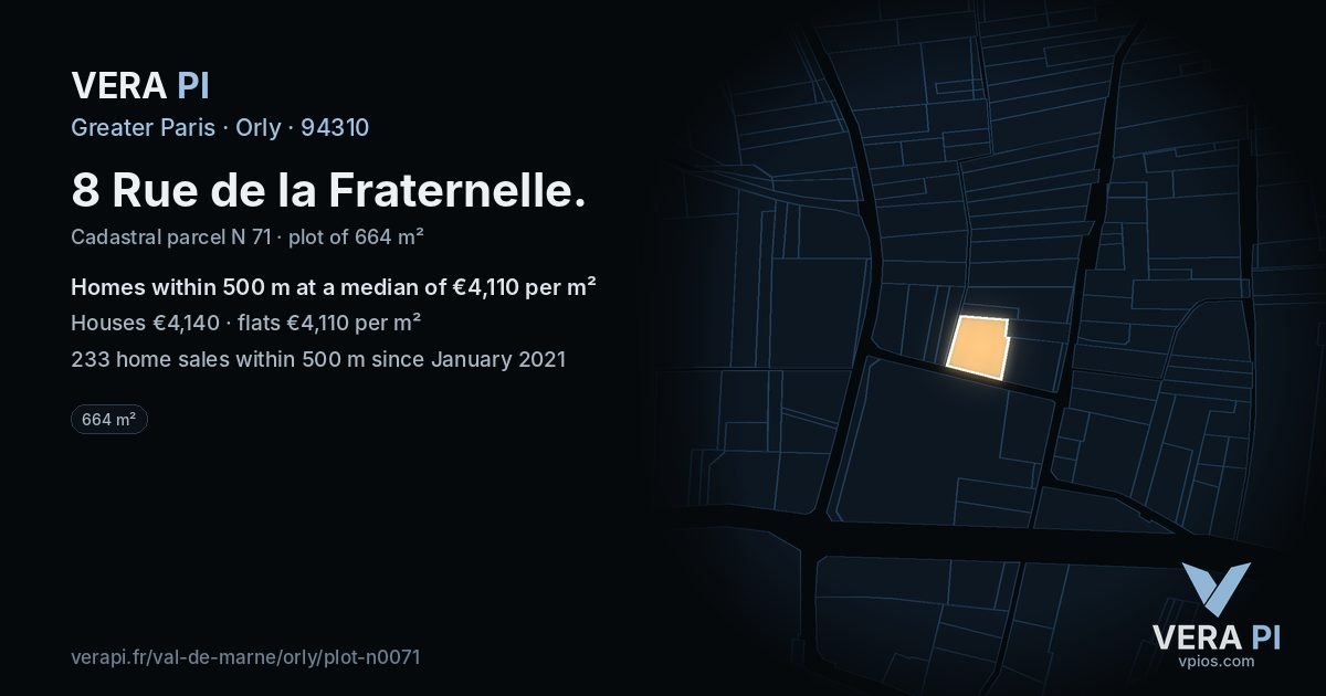 8 Rue de la Fraternelle, Orly at night – the plot lit, the parcels around coloured by the prices near them