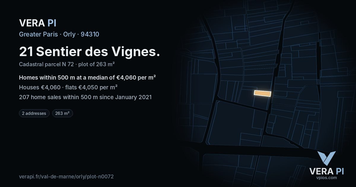 21 Sentier des Vignes, Orly at night – the plot lit, the parcels around coloured by the prices near them