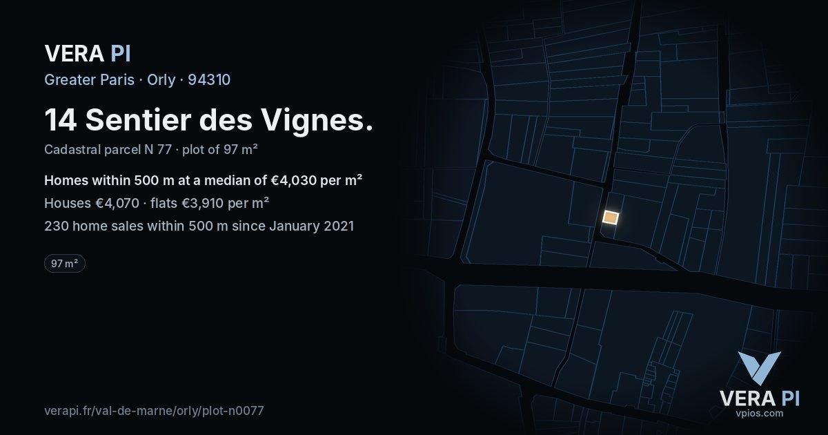 14 Sentier des Vignes, Orly at night – the plot lit, the parcels around coloured by the prices near them