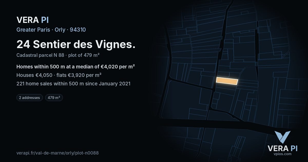 24 Sentier des Vignes, Orly at night – the plot lit, the parcels around coloured by the prices near them