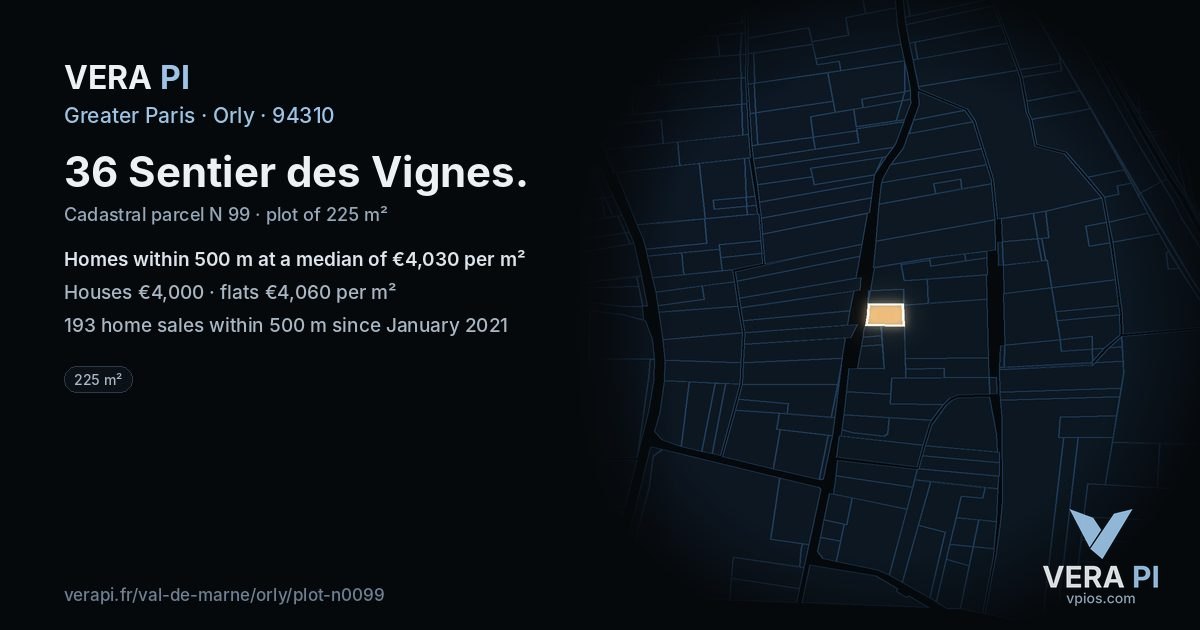 36 Sentier des Vignes, Orly at night – the plot lit, the parcels around coloured by the prices near them
