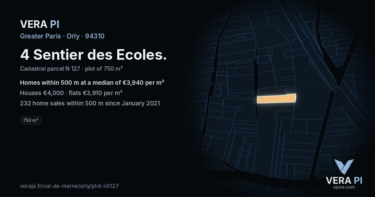 4 Sentier des Ecoles, Orly at night – the plot lit, the parcels around coloured by the prices near them
