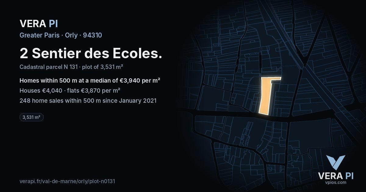 2 Sentier des Ecoles, Orly at night – the plot lit, the parcels around coloured by the prices near them