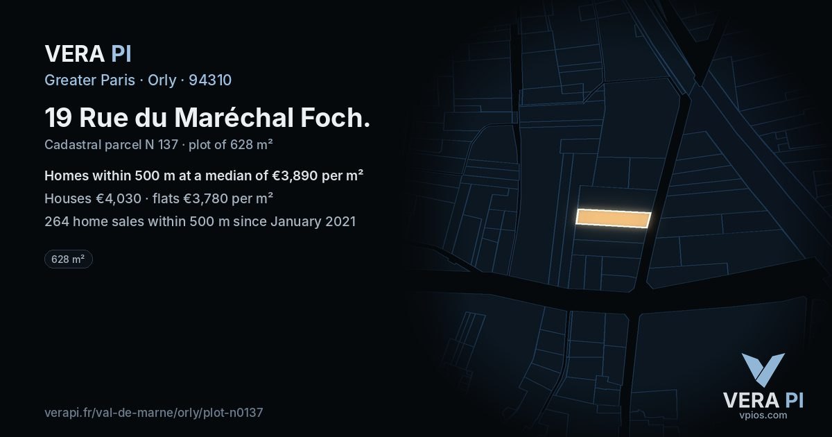 19 Rue du Maréchal Foch, Orly at night – the plot lit, the parcels around coloured by the prices near them