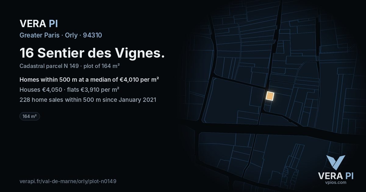 16 Sentier des Vignes, Orly at night – the plot lit, the parcels around coloured by the prices near them