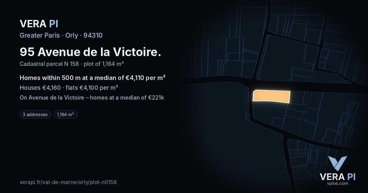 95 Avenue de la Victoire, Orly at night – the plot lit, the parcels around coloured by the prices near them