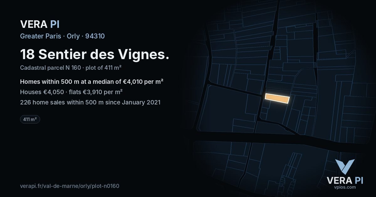 18 Sentier des Vignes, Orly at night – the plot lit, the parcels around coloured by the prices near them