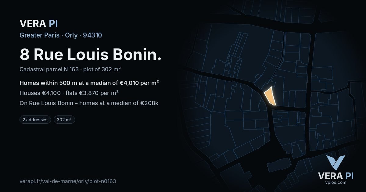 8 Rue Louis Bonin, Orly at night – the plot lit, the parcels around coloured by the prices near them