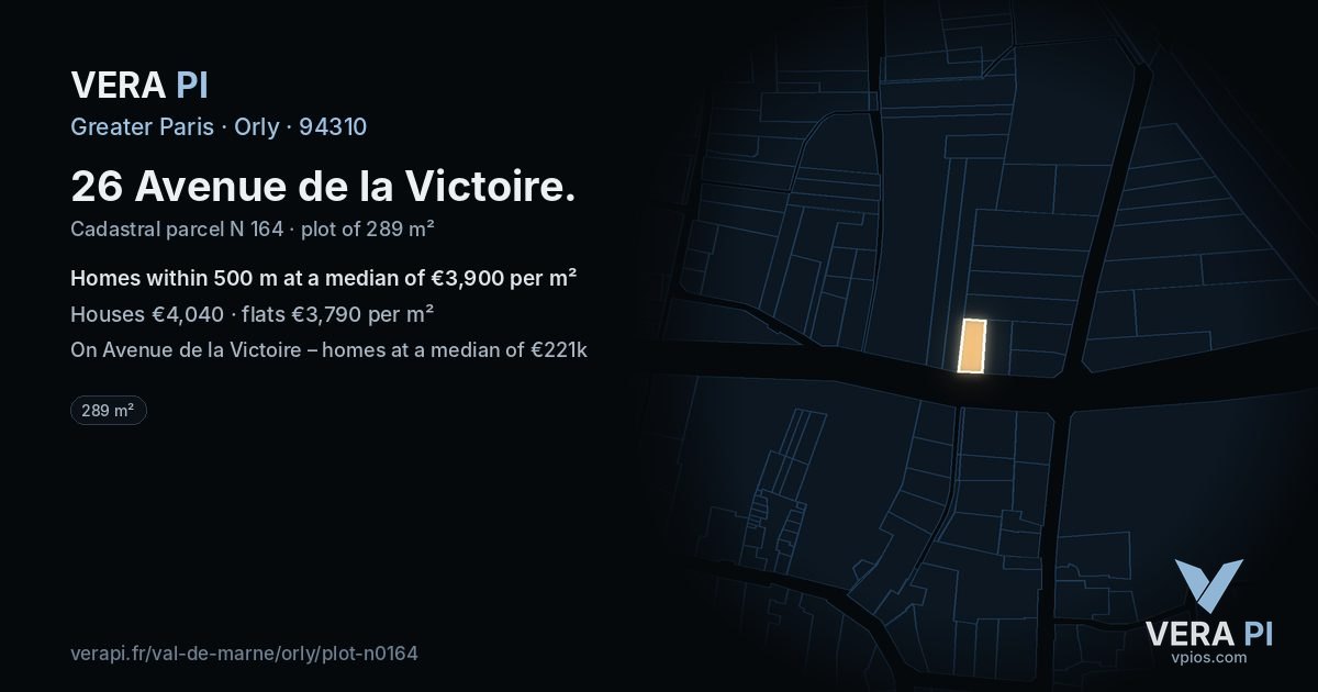 26 Avenue de la Victoire, Orly at night – the plot lit, the parcels around coloured by the prices near them
