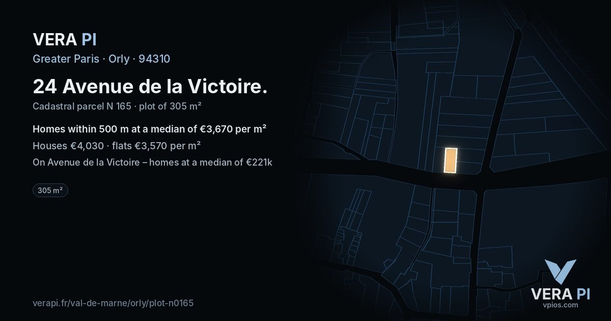 24 Avenue de la Victoire, Orly at night – the plot lit, the parcels around coloured by the prices near them